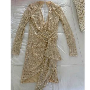 Gold accent party dress with lightly padded shoulders